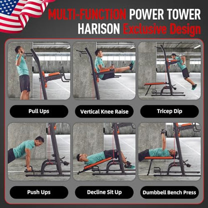 Multifunction Power Tower with Bench, Heavy Duty Pull Up Bar Dip Station for Home Gym Workout Strength Training Fitness Equipment