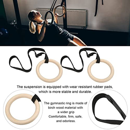 1 Pair Gymnastics Rings, 150KG / 330LB Load Pull Up Exercise Rings with Adjustable Buckle Straps Wood Home Workout Equipment for Men Women