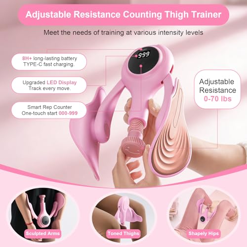 Thigh Trainer for Women, 0-70LB Adjustable Resistance Inner Thigh Exerciser with LED Display, Pelvic Floor Muscle Repair Devices with Resistance Band,Workout Kegel Equipment for Shaping at Home