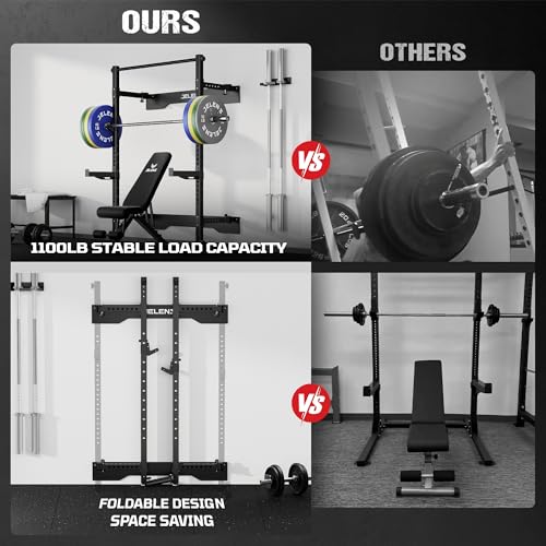 JELENS SF01 Folding Squat Rack, Wall Mounted Power Rack for Home Gym, Space Saving Multi-Functional Power Cage with More Attachments