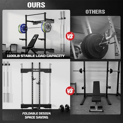 JELENS SF01 Folding Squat Rack, Wall Mounted Power Rack for Home Gym, Space Saving Multi-Functional Power Cage with More Attachments