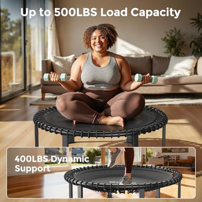 BCAN BT4 38/40/48" Soft Land Pro Adult Bungee Rebounder Trampoline, 500lb Capacity, Adjustable Tension Bungees, One-Piece Frame, Quiet Indoor Cardio w/Handle,Phone Holder & 2 Pairs Socks| FED Fitness - color: 38IN-Black