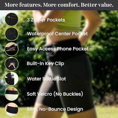 Low-profile Running Belt with Water Bottle Pocket – Adjustable No-Bounce Travel Money Belt and Fanny Pack with 3 Zippered Pockets & Key Clip - Fits Any Size Phone, Passport & More - size: Medium