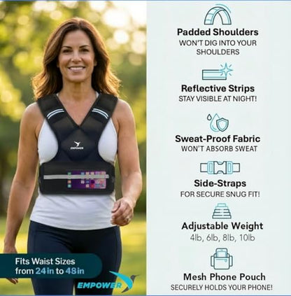 EMPOWER Weighted Vest for Women with Reflective Strips – Fixed 8lbs, Adjustable 4-10lbs (4 in1) or Adjustable10-16lbs (4 in 1), Strengthen Muscles, Boost Bone Health, and Burn More Calories for Workout - Rucking Vest - style: 10lb adjustable weight vest