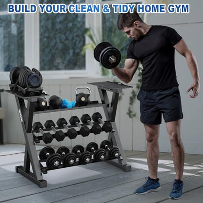 BEKING 3 Tier Dumbbell Rack,1000LB Capacity Weight Storage Rack for Home Gym Fitness,Multifunctional Free Weight Organizer Stand for Dumbbells, Kettlebells,Compact Design Save Floor Space