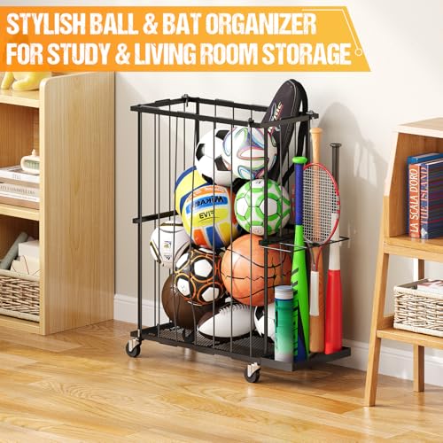 Garage Ball Storage With Baseball & Badminton Holder: Floor Sports Equipment Organizer, Sports Ball Rack With Elastic Rope, Ball Holder for Basketball, Soccer, Volleyball, Football, Garage, Gym, Black - size: Small, style: With Wheels And Bat Holder,Recta