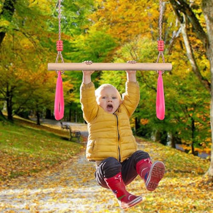 PELLOR Trapeze Bar Gym Rings -Trapeze Swing Bar for Playground Wooden Swing Set with Adjustable Rope Kit Equipment for Children Adult - color: Pink