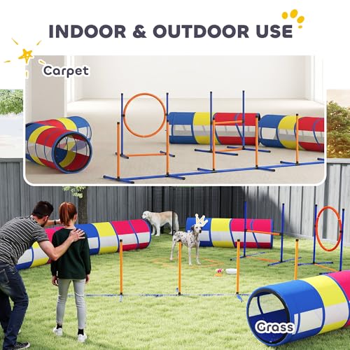 PawHut Dog Agility Training Equipment, 12-Piece Dog Obstacle Course with Adjustable Hurdle & Ring, 4 Tunnels, Weave Poles, Pause Box, Treat Bag, Bowl and Carrying Bag for Indoor Outdoor Use