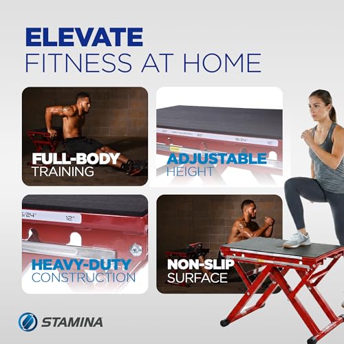 Stamina X 12" to 24" Adjustable Height Plyo Step Up Exercise Box For Home Workout with Access to Muuv, Non-Slip Surface and Workout Guide, Black/Red | 12" to 24" Adjustable Height Plyo Step Up Exercise Box for home workouts; Access to müüv; Non-Slip Surfa