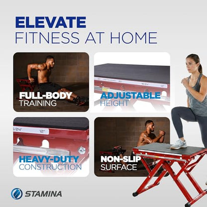Stamina X 12" to 24" Adjustable Height Plyo Step Up Exercise Box For Home Workout with Access to Muuv, Non-Slip Surface and Workout Guide, Black/Red | 12" to 24" Adjustable Height Plyo Step Up Exercise Box for home workouts; Access to müüv; Non-Slip Surfa
