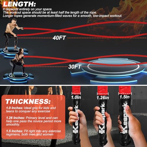 Battle Ropes for Home Gym Exercise - 1.5 Inch Diameter 30FT Red Battle Rope Workout Exercise Training Ropes with Protective Sleeve for Kids Men Women Exercise Fitness & Strength Training