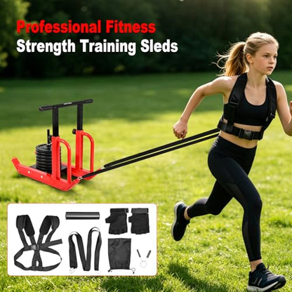 Heavy-Duty Adjustable Training Sled, 5-Level Height Adjustment, Push/Pull Dual-Use, Compatible with 1" & 2" Weight Plates, Strength & Speed Training for Soccer, Fitness & Conditioning, All-Ages