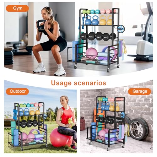 Dumbbell Rack, Adjustable Weight Rack for Home Gym, Metal Weight Stand for Dumbbells, Kettlebells, Yoga Gear, Multipurpose Workout Equipment Storage with 4 Wheels, Basket, Hooks, Black