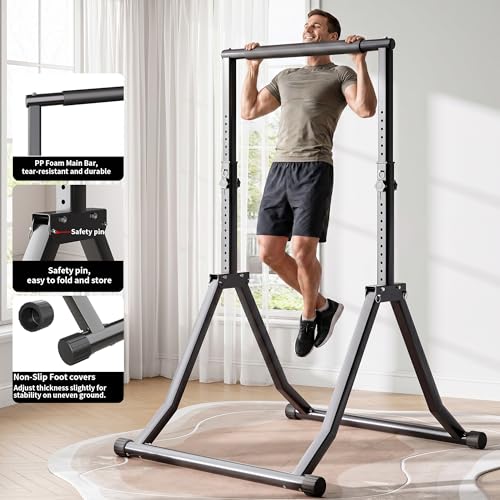 Foldable Power Tower Dip Station for Pull Ups, 66.1"-84.6" 12 Level 700 LBS, Adjustable Dip Handles & Assistance Bands Foldable Home Gym Equipment - color: 66"-85"