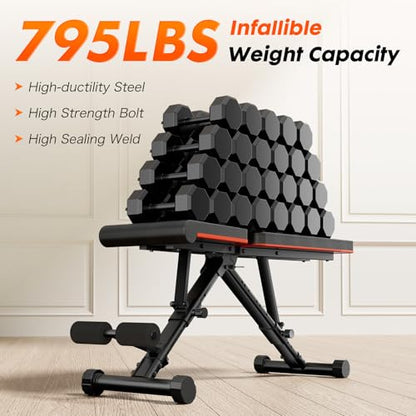 Adjustable Weight Bench for Home Gym, Foldable Workout Equipment for Full Body Strength Training, Incline Decline Sit-Up Bench for Chest, Shoulders, Arms Train, 795LBS Capacity
