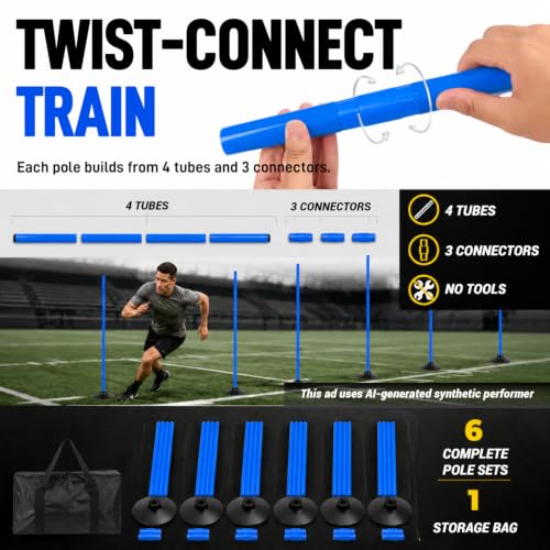 6 Pcs 5 FT Adjustable Agility Training Poles for Soccer,Basketball,Football, Horse,Dog-Speed and Agility Training Equipment Sports Training Poles with Rubber Bases and Bag - color: blue
