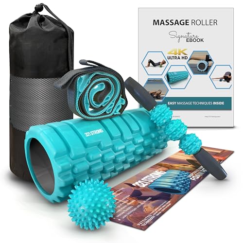 321 STRONG Foam Roller Set with: Hollow Core Roller, Muscle Roller Stick, Stretching Strap, Spikey Ball, Quick Start Guide, Carry Bag, and 4K eBook - color: Soft Teal