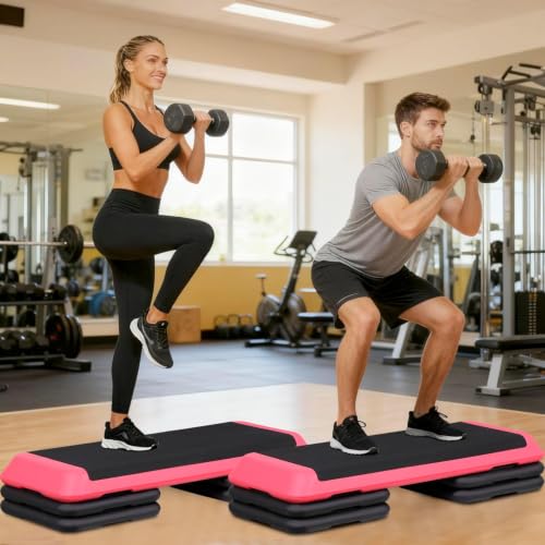ZENY 43'' Exercise Aerobic Step Platform, Adjustable Fitness Stepper with 4 Stackable Risers, Aerobics Stepper Workout Stepper for Home Gym Cardio Strength & Training - color: Rose Pink