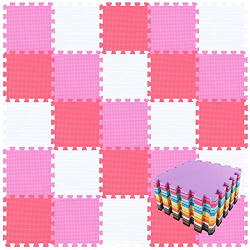 qqpp EVA Rubber 18 Tiles Interlocking Puzzle Foam Floor Mats - Baby Play Mat for Playing | Exercise Mat for Home Workout. White, Pink, Red. QC-ACIb18N - color: 3 White, Pink, Red, size: 18 Tiles
