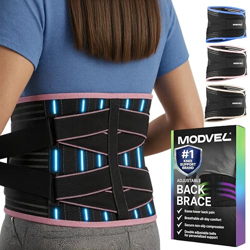 Modvel Back Brace for Lower Back Pain Women and Men – Lumbar Support Belt for Sciatica, Herniated Disc, Muscle Strain – Adjustable Breathable Work Brace with 6 Stays – Support for Posture – Size L - color: Pink, size: Large