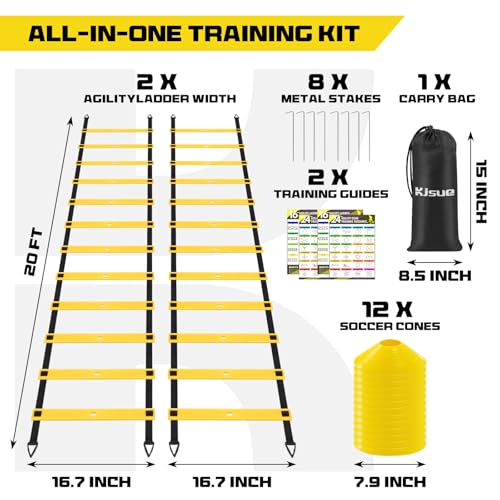 2 Pack 20ft Agility Ladder Set, 40ft Total Adjustable Speed Ladder with 12 Cones, 8 Stakes, 1 Carry Bag - Parallel Footwork Drills Gear for Football Soccer Basketball Training Equipment