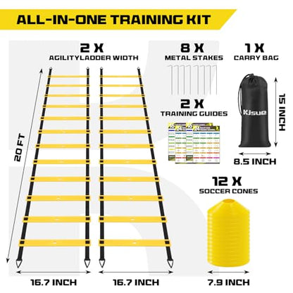 2 Pack 20ft Agility Ladder Set, 40ft Total Adjustable Speed Ladder with 12 Cones, 8 Stakes, 1 Carry Bag - Parallel Footwork Drills Gear for Football Soccer Basketball Training Equipment