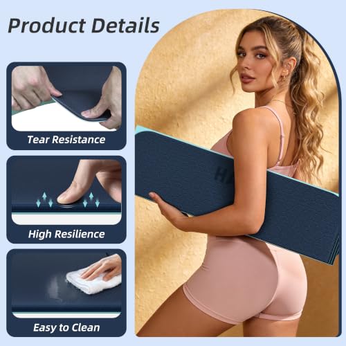 HAHE Foldable Yoga Exercise Mat, 74"Lx32"Wx1/3"Thick, TPE Workout Mat - color: Navy Blue+Green
