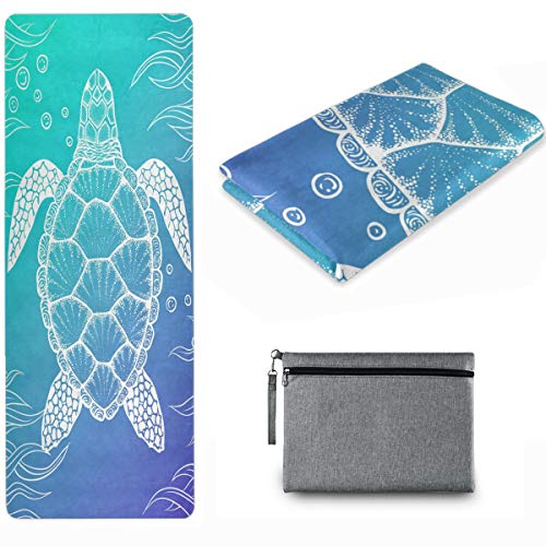 Naanle Sea Turtle Yoga Mat with Carrying Bag Set, Turtle Exercise Mat Foldable Non Slip Travel Lightweight Workout Rug for Home Gym Yoga Pilates Stretching Floor Fitness 71x26 in - color: White 03