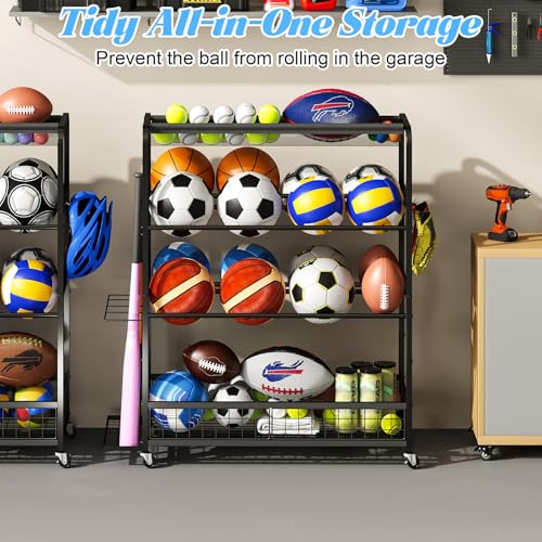 Jsskeeim Garage Sports Equipment Organizer,Sports Ball Organizer with Wheels,Mesh Pocket, Basket,Ball Organizer with Baseball Bat Rack and HooksToy Storage Rolling Cart-Black - style: 02