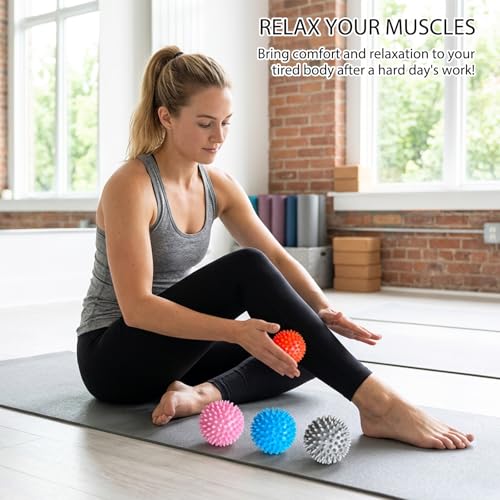 4-Pack Spiky Massage Balls, Massage Ball for Feet, Back, Feet, Hands, Muscles, Soft Spiked Massager Rollers for Plantar Fasciitis Relief, Myofascial Release, Acupressure and Stress Relief, 2.7 Inch