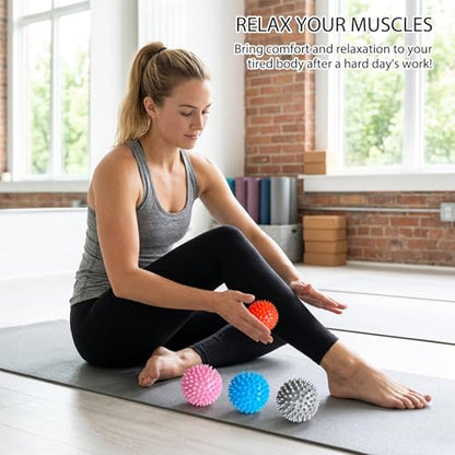 4-Pack Spiky Massage Balls, Massage Ball for Feet, Back, Feet, Hands, Muscles, Soft Spiked Massager Rollers for Plantar Fasciitis Relief, Myofascial Release, Acupressure and Stress Relief, 2.7 Inch