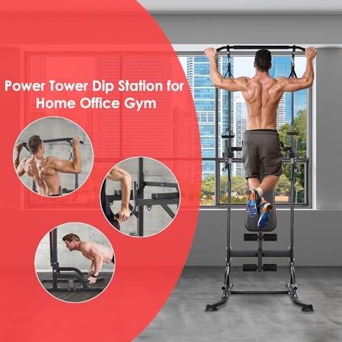 Power Tower with Bench, Pull Up Bar Stand, Dip Bar w/Folding Bench 4 Ropes Strength Training, Multi-Function Fitness Equipment for Home Gym, Adjustable Heights and Angles Dip Station, 400LBS