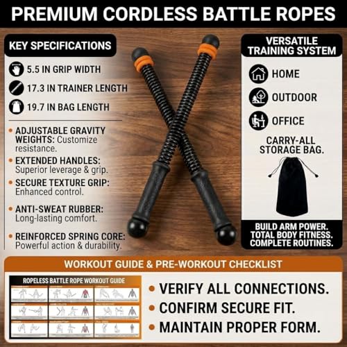 Cordless Weighted Battle Ropes, Adjustable Portable Ropeless Exercise Ropes with Storage Bag, Low-Impact Fitness Equipment for Strength Training & HIIT, Home Gym Use, for Men & Women, Black