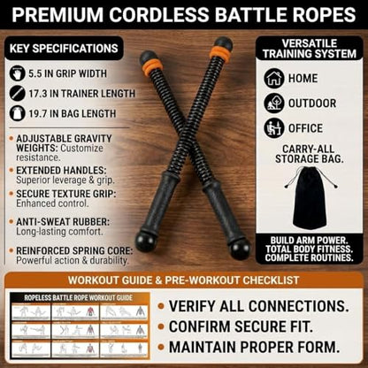 Cordless Weighted Battle Ropes, Adjustable Portable Ropeless Exercise Ropes with Storage Bag, Low-Impact Fitness Equipment for Strength Training & HIIT, Home Gym Use, for Men & Women, Black