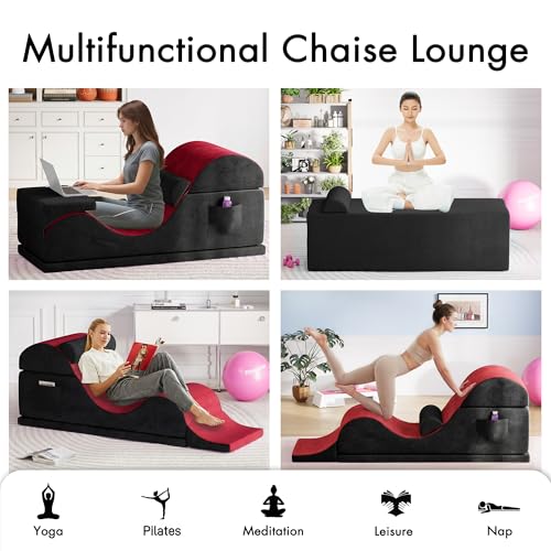 Convertible Yoga Chair for Adults, Ergonomic Foam Lounge with Lumbar Pillow, Washable Cover, Side Pocket, No Assembly Needed – Great for Exercise, Stretching & Relaxation Black + Red - color: Black + Red