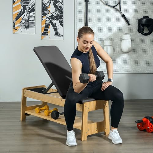 Soozier Adjustable Weight Bench with Dumbbell Rack, Wooden Workout Bench, Flat or Incline Bench for Home Gym Weight Lifting Training - color: Black