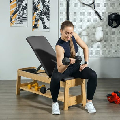 Soozier Adjustable Weight Bench with Dumbbell Rack, Wooden Workout Bench, Flat or Incline Bench for Home Gym Weight Lifting Training - color: Black