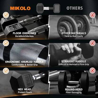 Mikolo Dumbbell Sets with Rack, Rubber Hex Dumbbells, Multiple Choices in 160/200/380/450/550LB, Hand Weights with Chrome Handle for Strength Training - style: 50LB PAIR