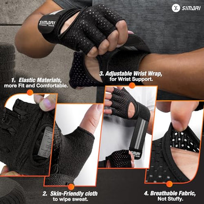 SIMARI Breathable Workout Gloves for Men Women, Padded Weight Lifting Gloves with Wrist Wraps Support, Full Palm Protection, Grip for Gym Training, Fitness, Weightlifting, Exercise Fingerless Black