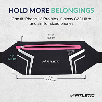 Fitletic Modern Sports Running Belt For Men & Women – Water Resistant Pouch - Fits All Smart Phones- Lightweight, Low Profile Design –Lycra Coated With Inner Card Organizer Pocket Black/Pink Zipper - color: Black / Pink Zipper