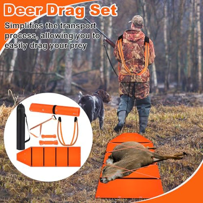 1.2mm Thickened Deer Drag Sleds with Rope, Tear-Resistant Cart Game Hauler with Storage Bag, Dual Deer Drag Harness Strap, Widen Shoulder for Hunting Accessories(Tapered-Anti Slip, Orange)