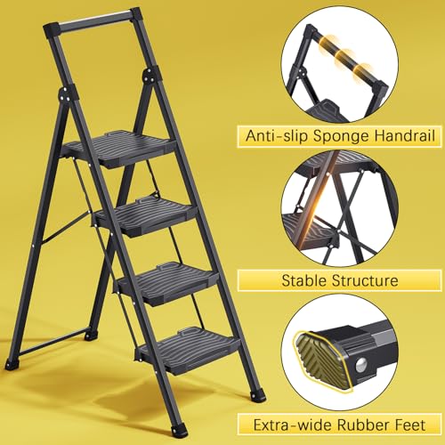 KINGRACK Step Ladder 4 Step Folding, 900lbs 4 Step Ladder with Anti-Slip Wide Pedal and Handrails, Lightwight Household Ladder, Pass 900LBS Testing, for Your Kitchen, Pantry, Closets, Office Use - size: 4-step with handrail