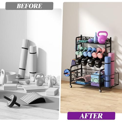 Dumbbell Rack, VOPEAK Adjustable Weight Rack for Home Gym, Home Gym Storage Rack for Yoga Mat Kettlebells and Strength Training Equipment, Weight Storage Rack for Dumbbells with Wheels