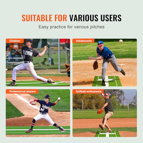 VEVOR 10x3ft Softball/Baseball Pitching Mat with Rubber Mound - Anti-Fade Turf & Anti-Slip Foam Backing, Portable Fastpitch Training Aid for Indoor/Outdoor Practice (Red/Green)