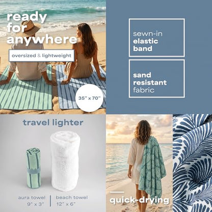 S&T INC. Aura Beach Towel 2 Pack, Quick-Dry Pool Towels with Elastic Band for Travel, Gym, and Yoga, Sand Resistant, 35 inches x 70 inches, Leaves