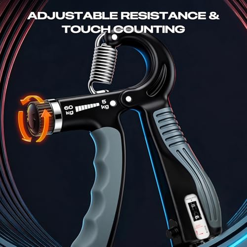 Grip Strength Trainer - Adjustable Resistance 11-132lbs/5-60kg Hand Gripper & Forearm Strengthener Device with Smart Counter for Sports & Rehab (black grey, 5-50kg)