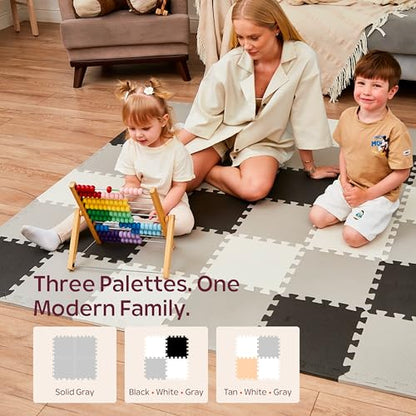 Foam Play Mat for Floor - 36 Interlocking Tiles 71x71 in, 0.6" Thick Puzzle Mat for Baby, Toddler & Home Gym, Cross-Texture EVA Foam, Edge Borders Included, Black White Gray
