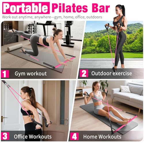 Pilates Bar Kit with Resistance Bands,Pilates Bar with Stackable Bands Workout Equipment for Legs,Hip,Waist and Arm,Exercise Fitness Equipment for Women & Men Home Gym Yoga Pilates - color: Pink