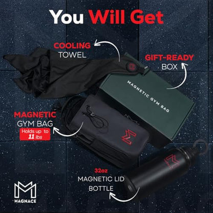 MAGNACE Magnetic Gym Bag Bundle, 3-in-1 Set with Water Bottle Holder, Magnetic Pouch, Towel & Sling Bag – For Men & Women
