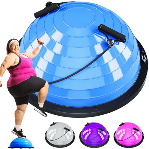 Half Balance Ball Trainer - 23 Inch Half Exercise Ball for Workout, Physical Therapy, Yoga, Home Gym, Core Strength, Stability, Fitness, Balance Training Equipment with Resistance Bands, Foot Pump - color: blue, size: X-Large